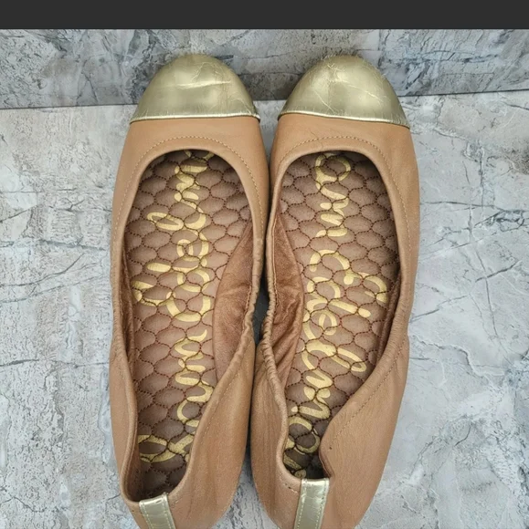 Sam Edelman Women's 7.5 Baxton 2 Tan Leather Gold Cap Toe Slip On Ballet Flats - Picture 6 of 11
